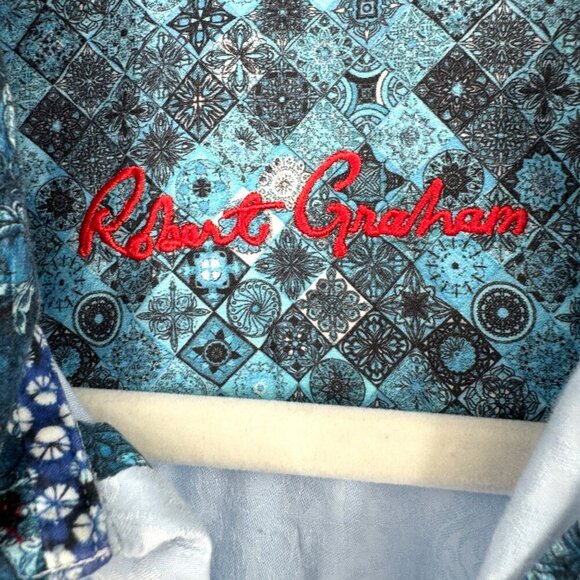 ROBERT GRAHAM Geometric blue on blue design Short Sleeve Shirt - Picture 2 of 11